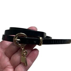 Vintage Narrow Black Patent Leather Dress Belt With Gold Charms Size Medium